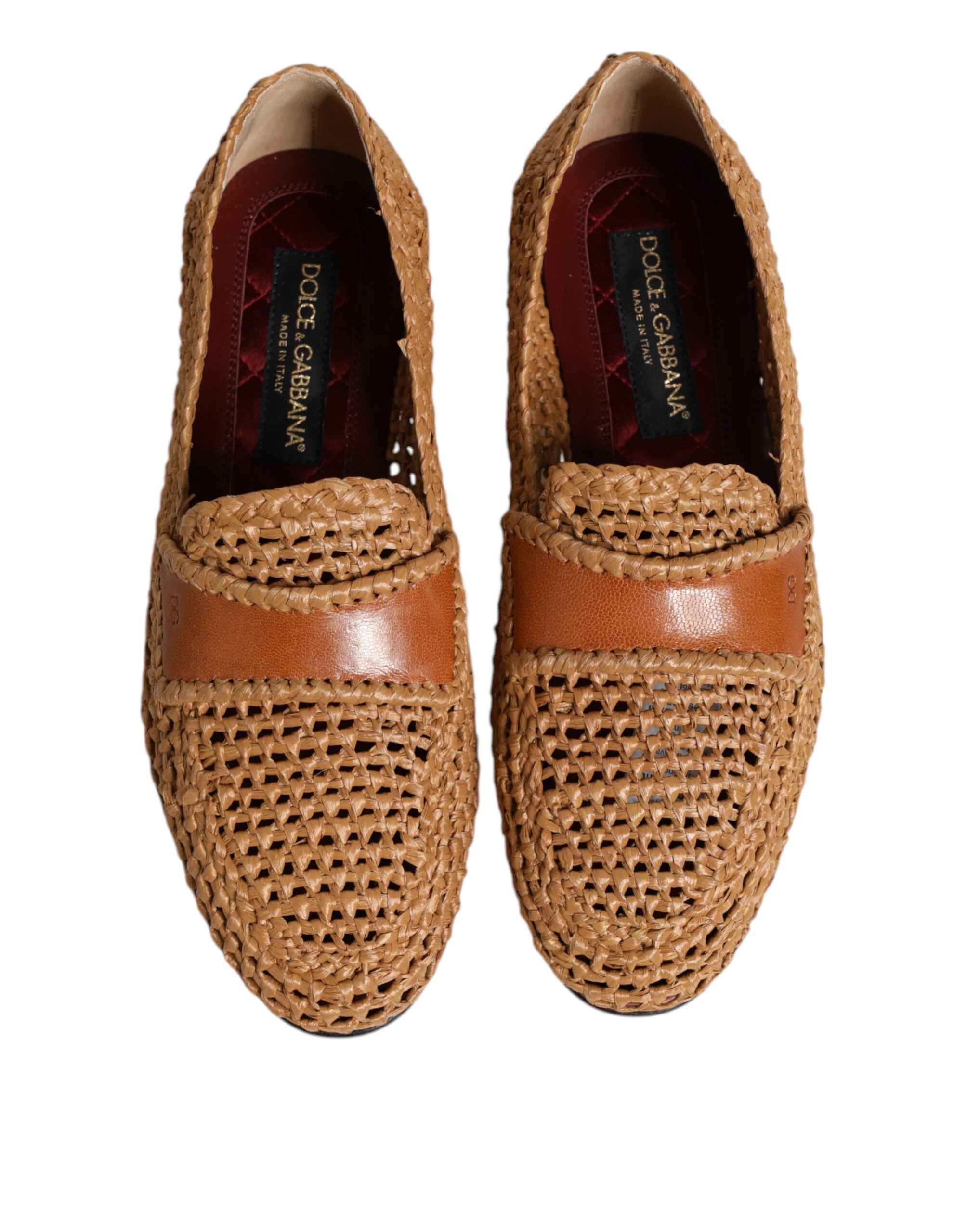 Dolce & Gabbana Braune gewebte Raffia Slip On Loafers Schuhe