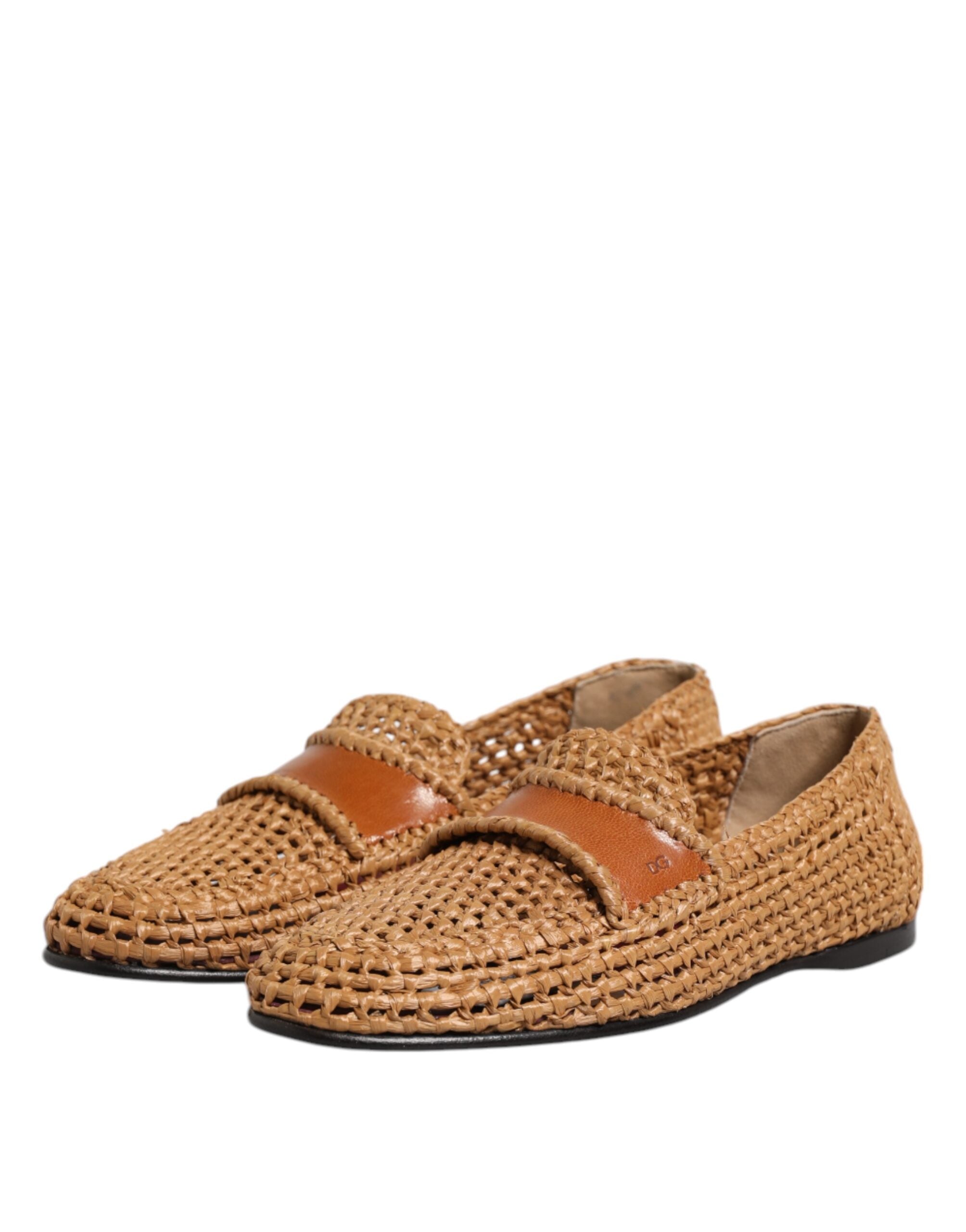 Dolce & Gabbana Braune gewebte Raffia Slip On Loafers Schuhe