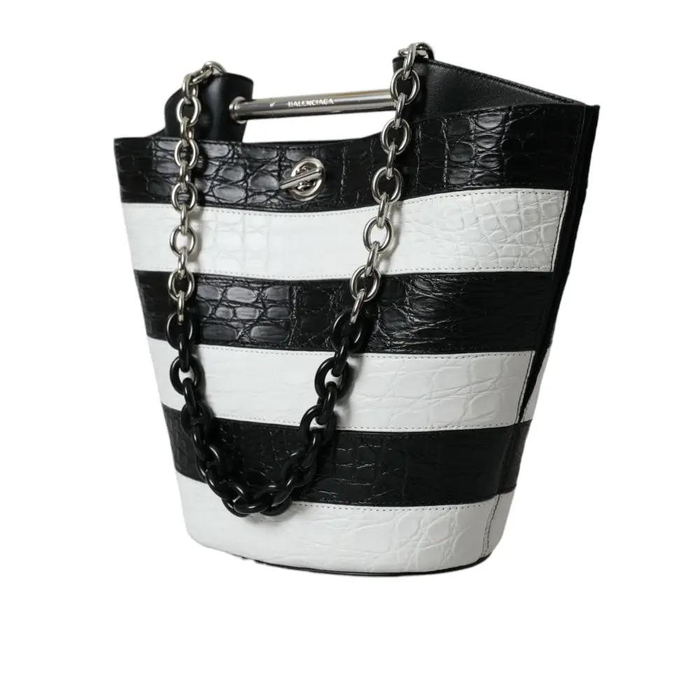 Balenciaga Schwarz-weiß gestreifte Exotenhaut Leder Maxi Bucket Tote Bag