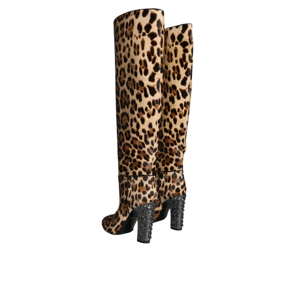 Dolce & Gabbana Beige Schwarz Leopard Kniehohe Stiefel Schuhe