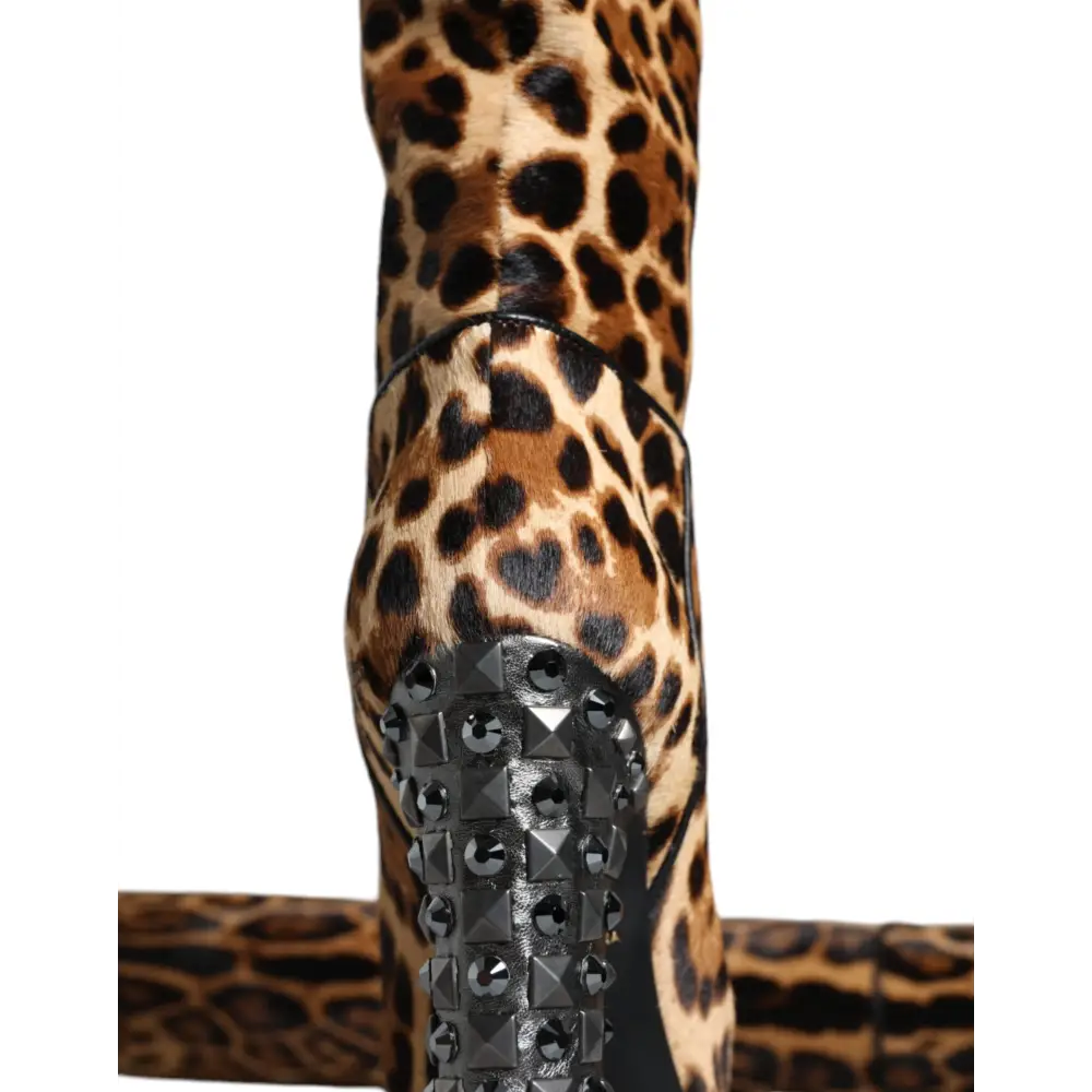Dolce & Gabbana Beige Schwarz Leopard Kniehohe Stiefel Schuhe