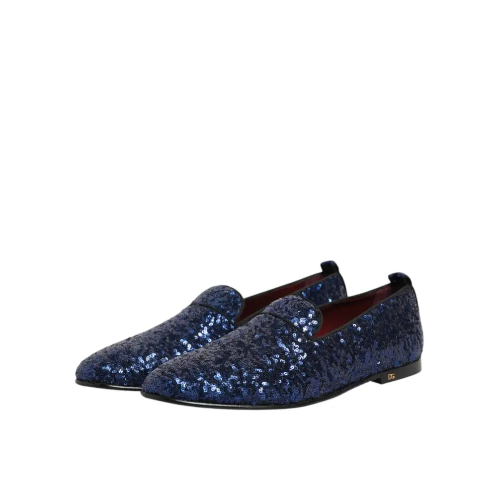 Dolce & Gabbana Blau Pailletten Loafers Hausschuhe Männer Kleid Schuhe