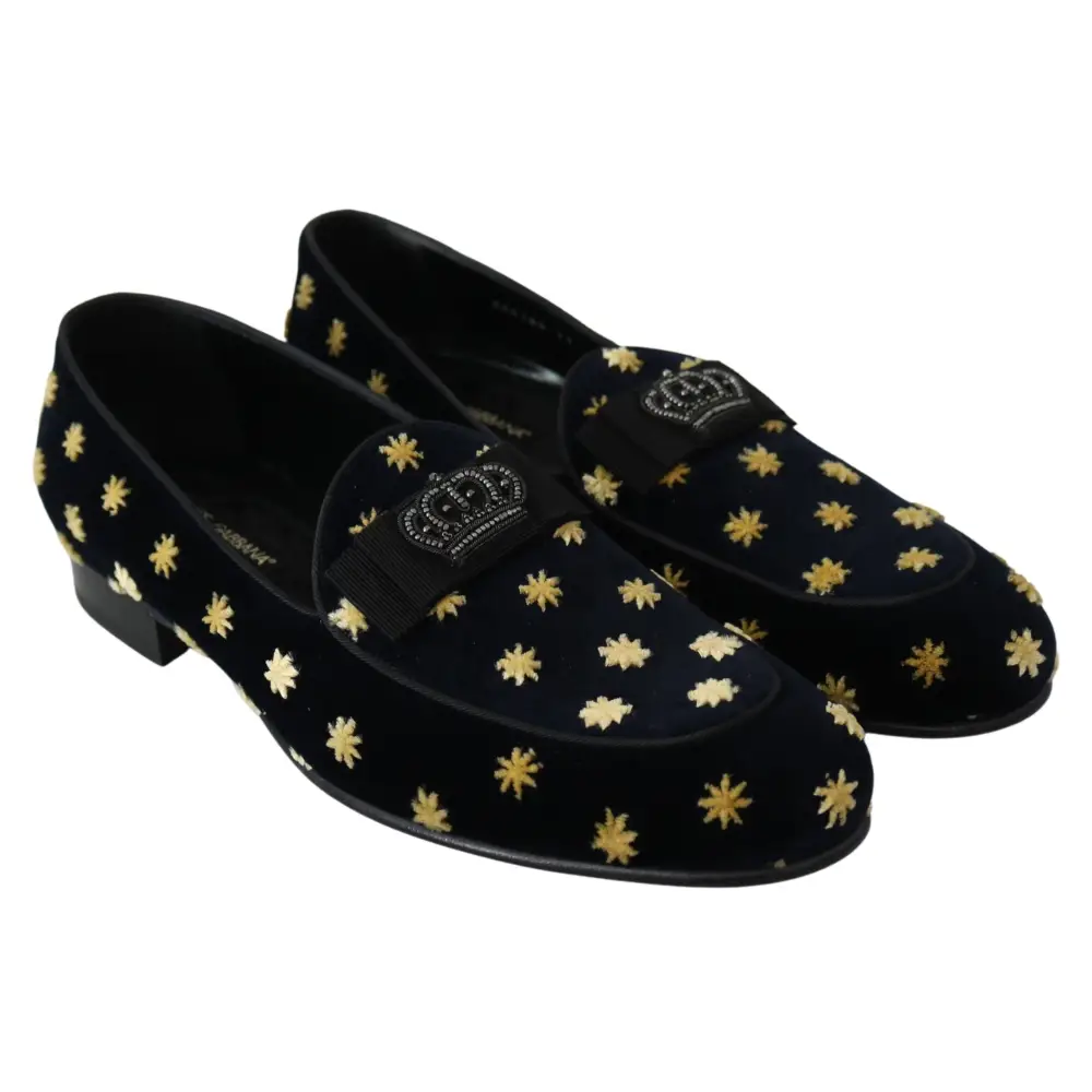 Dolce & Gabbana Blau Samt Krone Hausschuhe Loafers Schuhe - EU39/US6