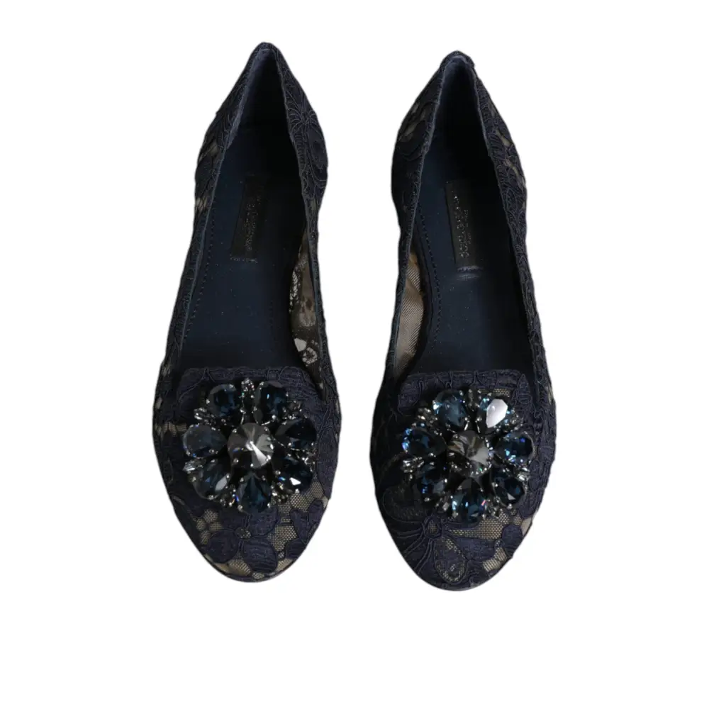 Dolce & Gabbana Blau Taormina Spitze Kristalle Flats Schuhe - EU34/US4.5