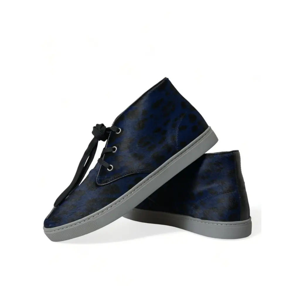Dolce & Gabbana Blaue Kalbsleder Leopard Mid Top Sneakers Schuhe