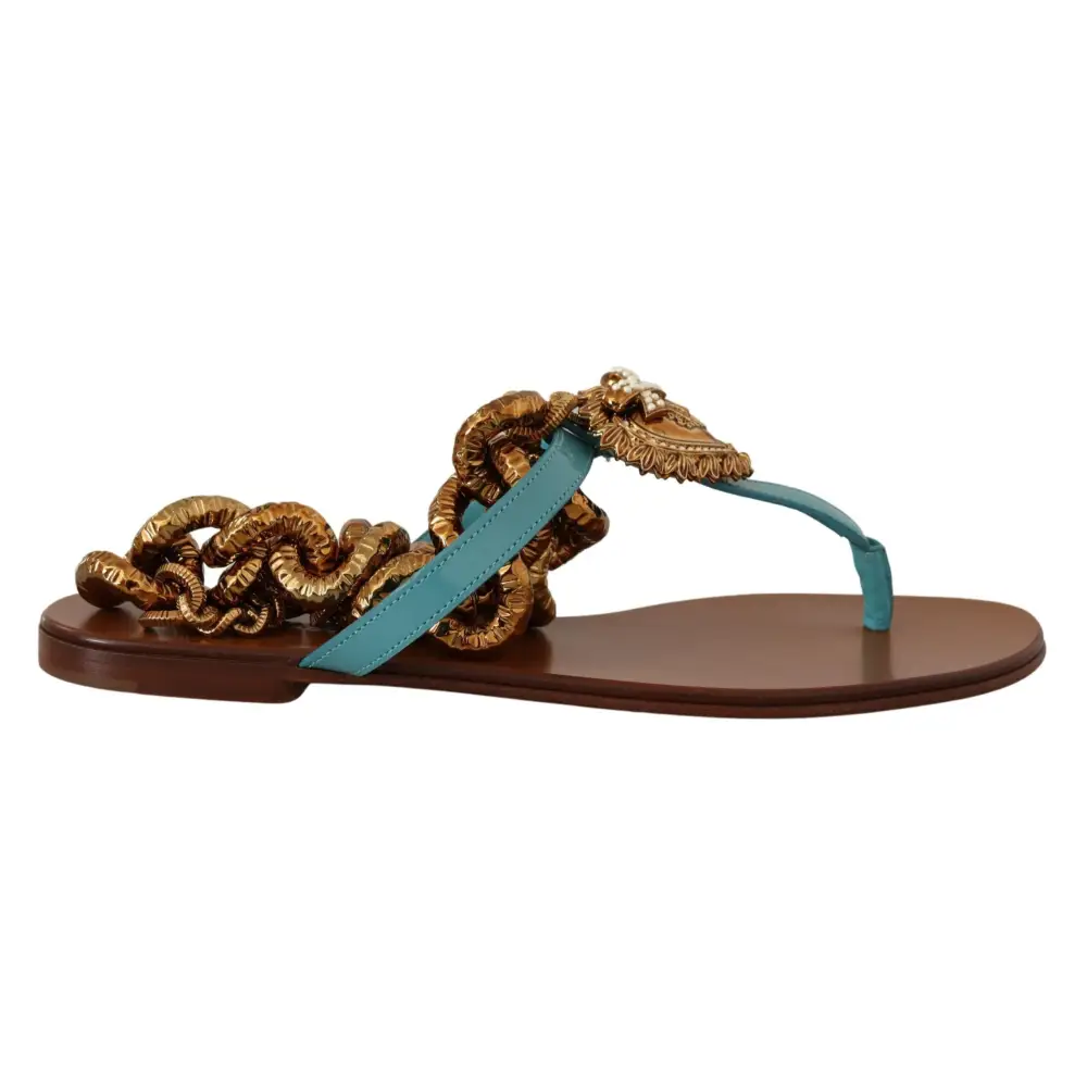 Dolce & Gabbana Blaue Leder Devotion Flats Sandalen
