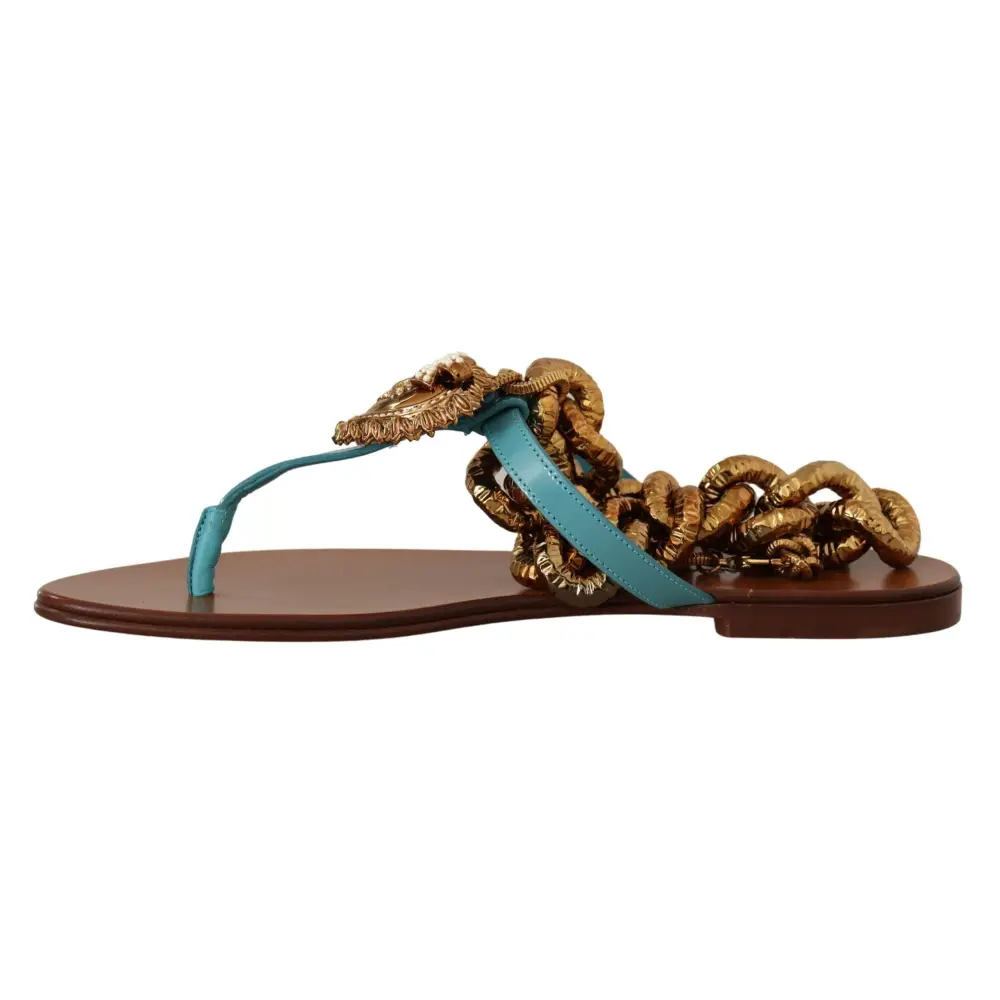 Dolce & Gabbana Blaue Leder Devotion Flats Sandalen