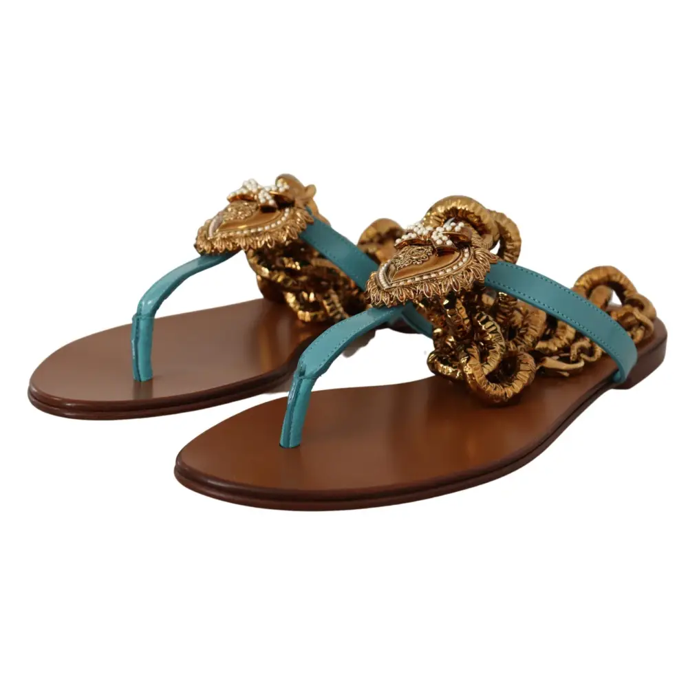 Dolce & Gabbana Blaue Leder Devotion Flats Sandalen