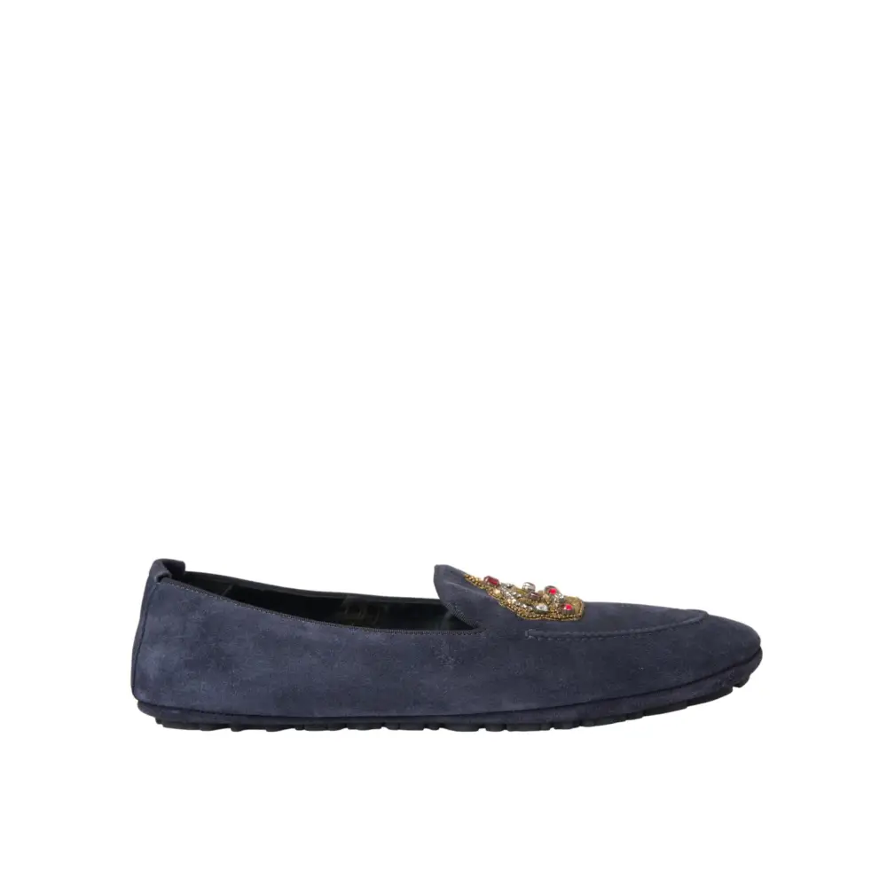 Dolce & Gabbana Blaue Leder Wildleder Crystal Crown Loafers Schuhe - EU40/US7