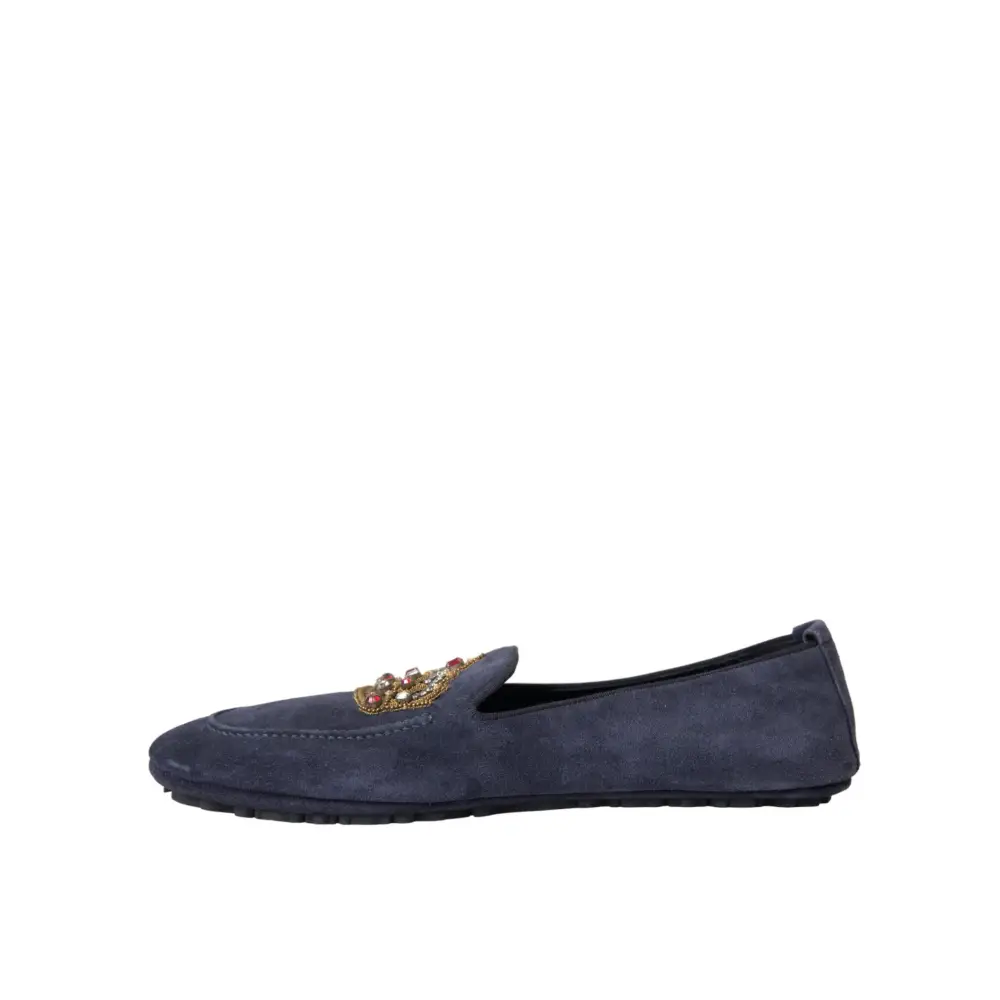 Dolce & Gabbana Blaue Leder Wildleder Crystal Crown Loafers Schuhe - EU40/US7
