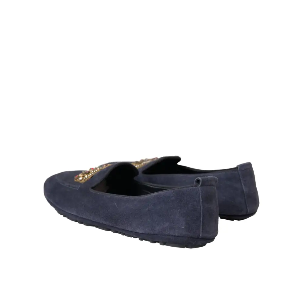 Dolce & Gabbana Blaue Leder Wildleder Crystal Crown Loafers Schuhe - EU40/US7