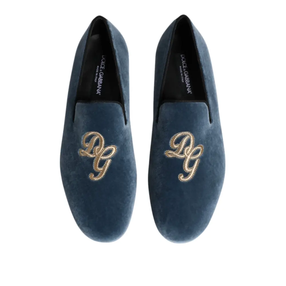 Dolce & Gabbana Blauer Samt DG Logo Loafers Formelle Schuhe