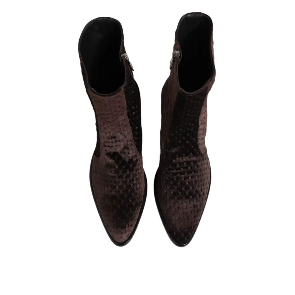 Dolce & Gabbana Braun Baumwolle Samt Mid Calf Kurze Stiefel Schuhe - EU44/US11