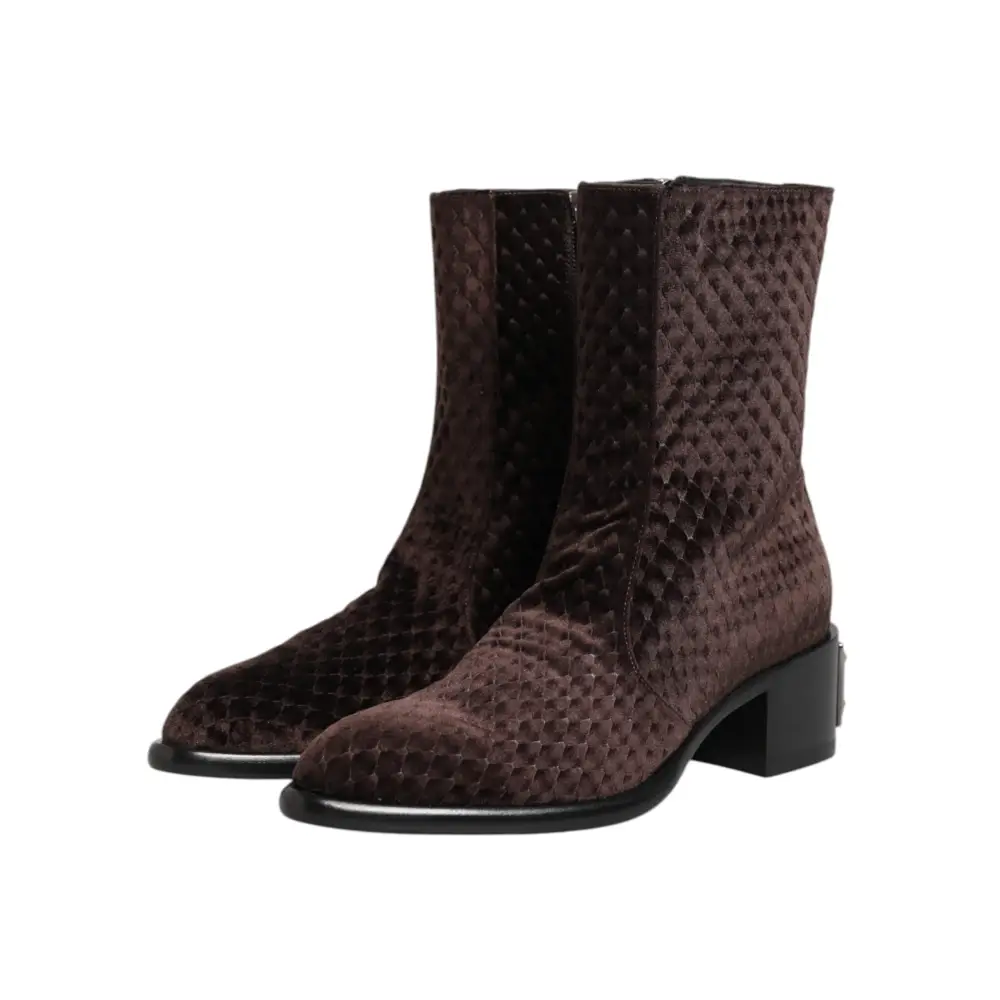 Dolce & Gabbana Braun Baumwolle Samt Mid Calf Kurze Stiefel Schuhe - EU44/US11