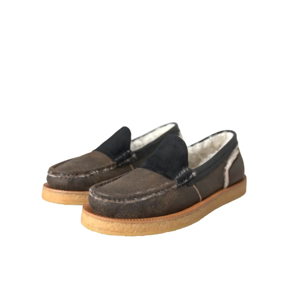 Dolce & Gabbana Braun Schwarz Fell Leder Loafers Männer Schuhe - EU40.5/US7.5