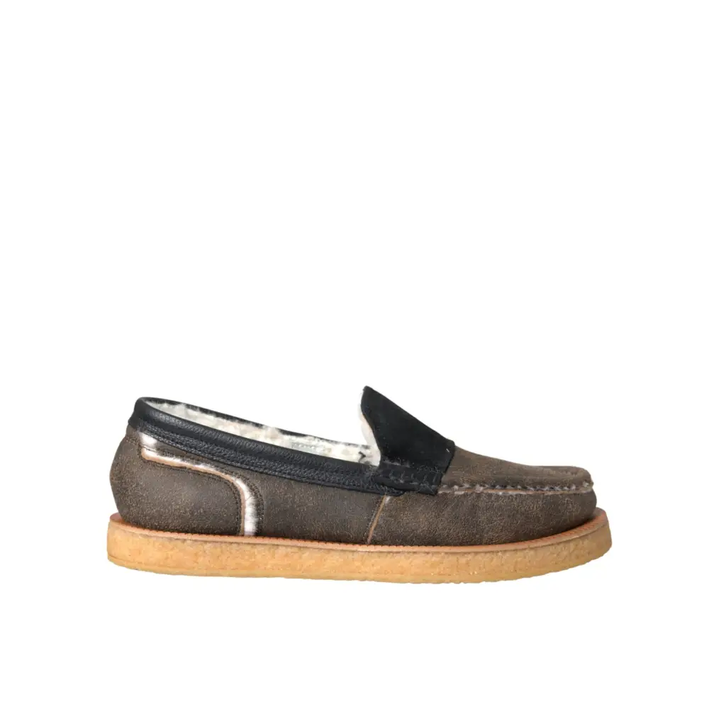 Dolce & Gabbana Braun Schwarz Fell Leder Loafers Männer Schuhe - EU40.5/US7.5