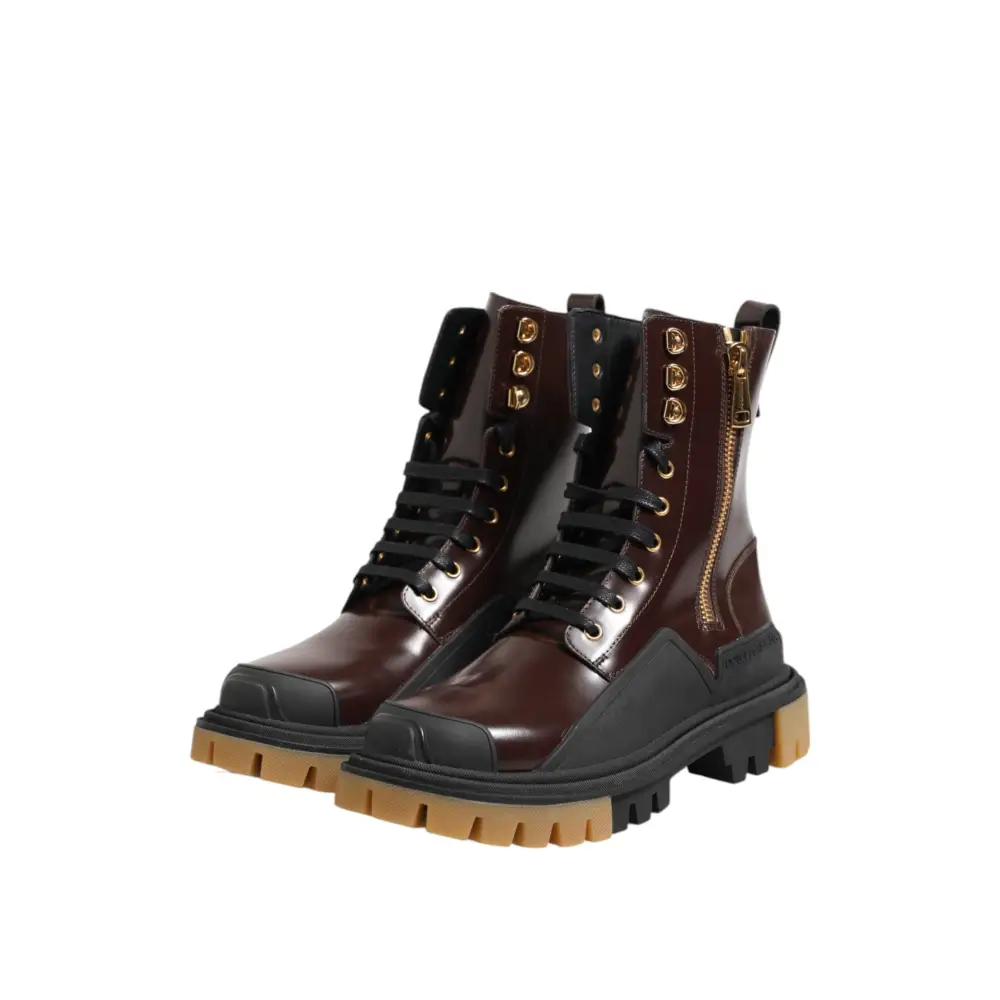 Dolce & Gabbana Braun Schwarz Leder Stiefel Reißverschluss Schnürschuhe - EU40/US7