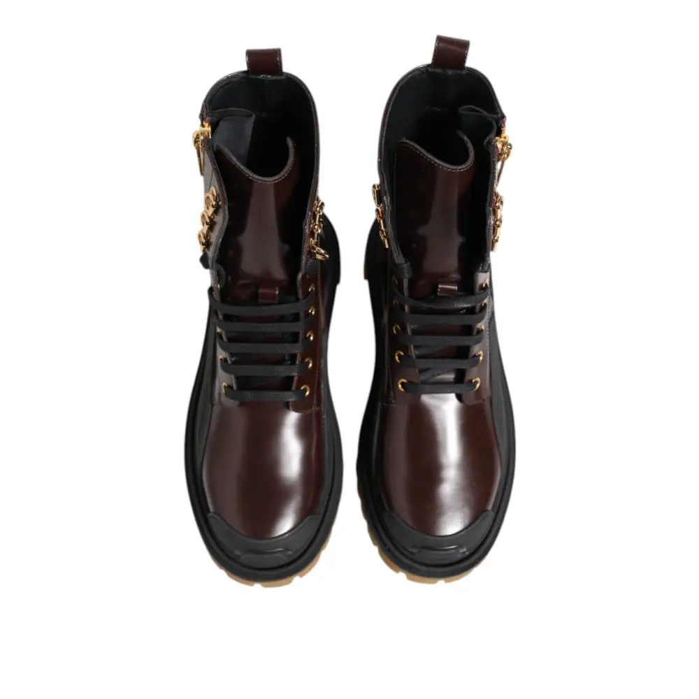 Dolce & Gabbana Braun Schwarz Leder Stiefel Reißverschluss Schnürschuhe - EU40/US7
