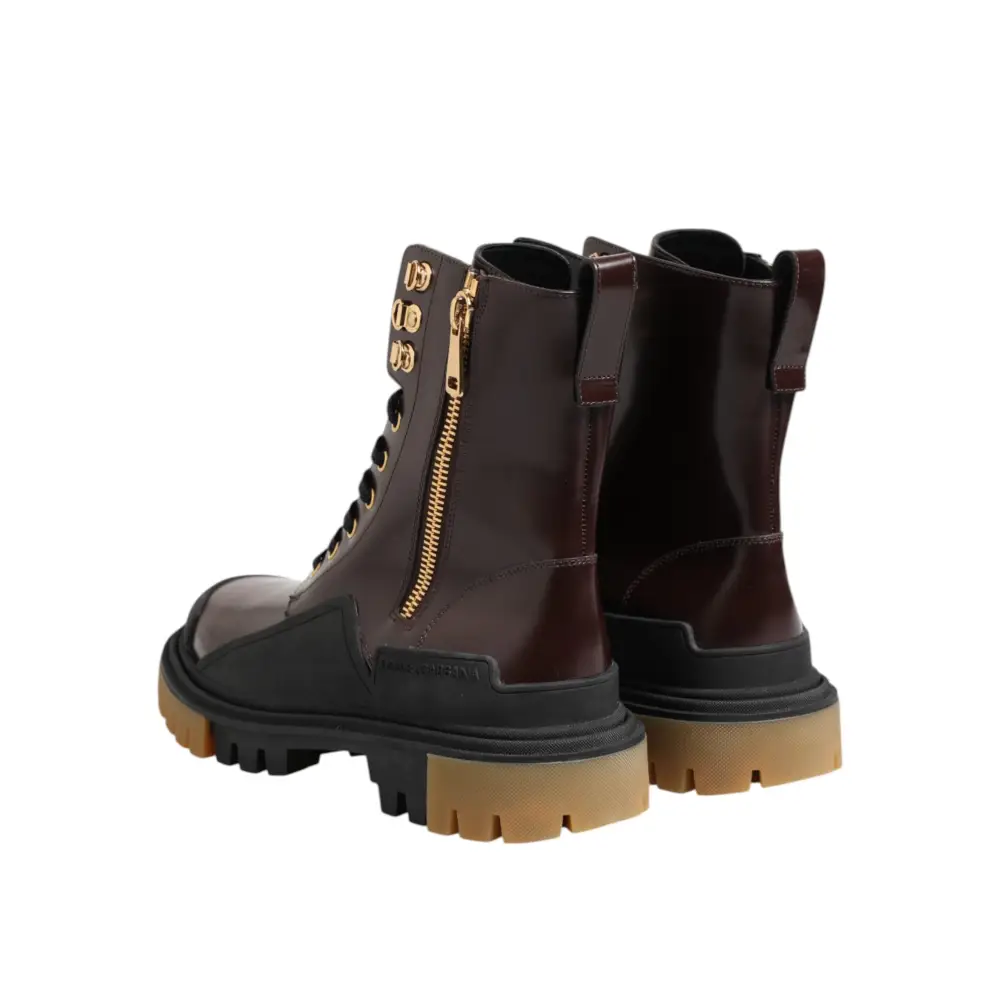 Dolce & Gabbana Braun Schwarz Leder Stiefel Reißverschluss Schnürschuhe - EU40/US7