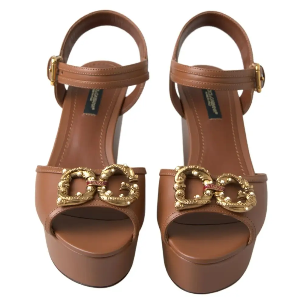 Dolce & Gabbana Braunes Leder AMORE Wedges Sandalen Schuhe