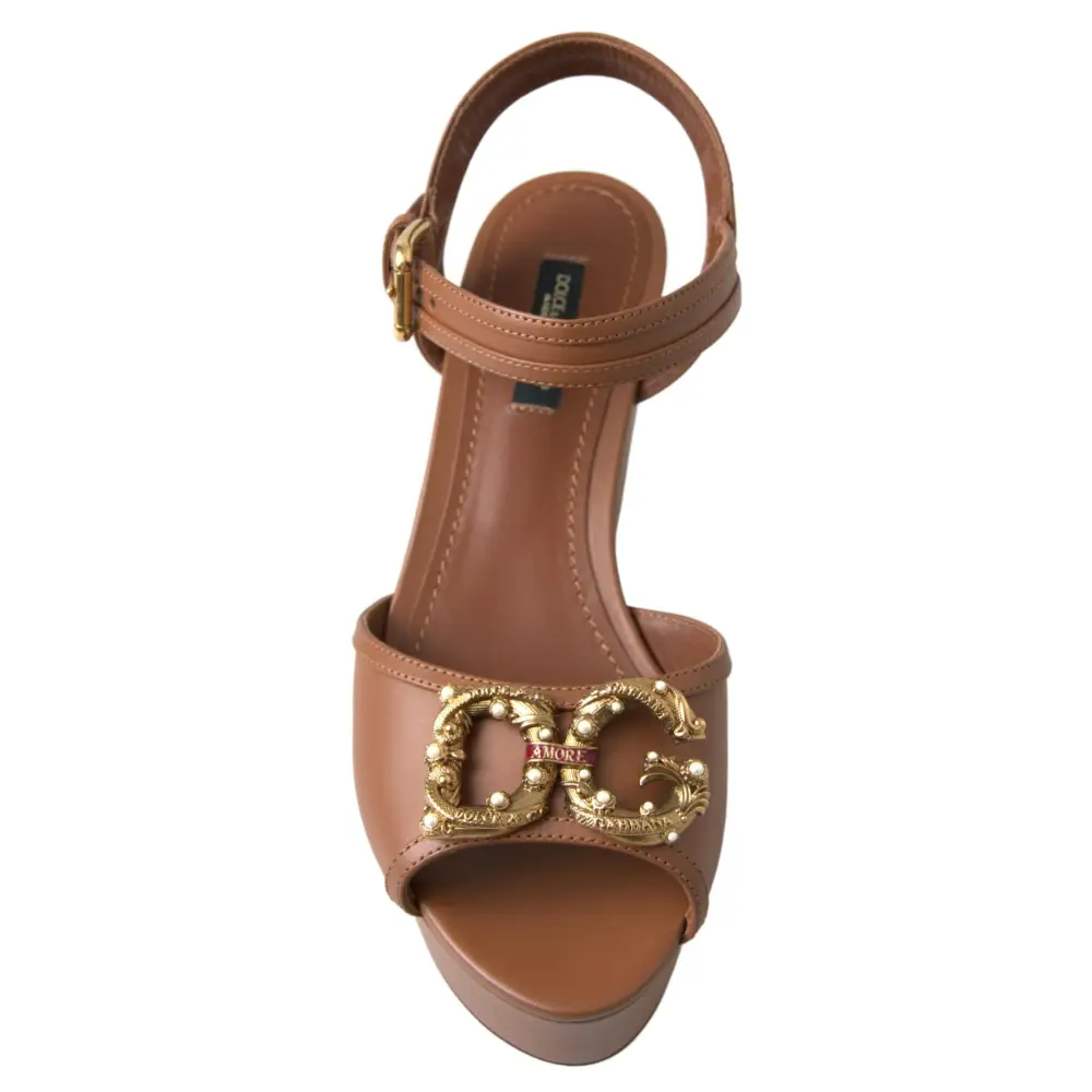 Dolce & Gabbana Braunes Leder AMORE Wedges Sandalen Schuhe