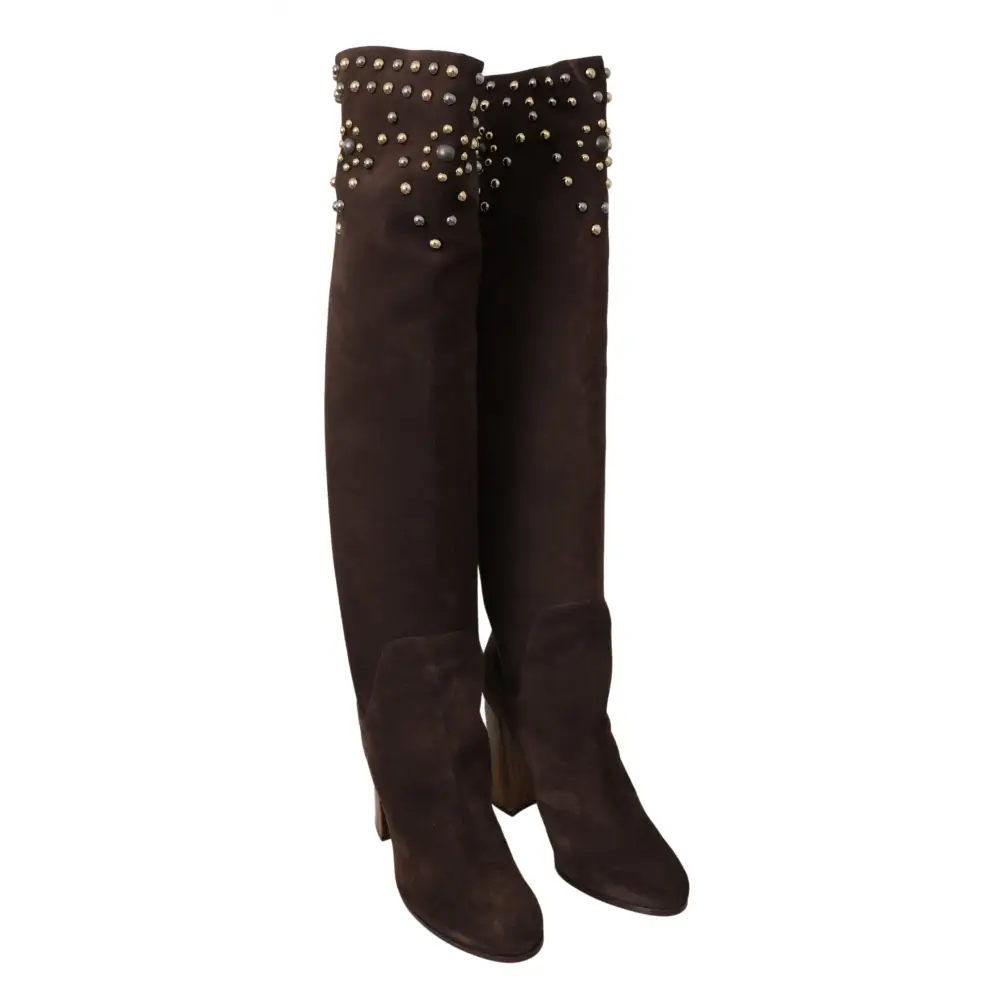 Dolce & Gabbana Braunes Wildleder Nieten Kniehohe Schuhe Stiefel - EU39/US8.5