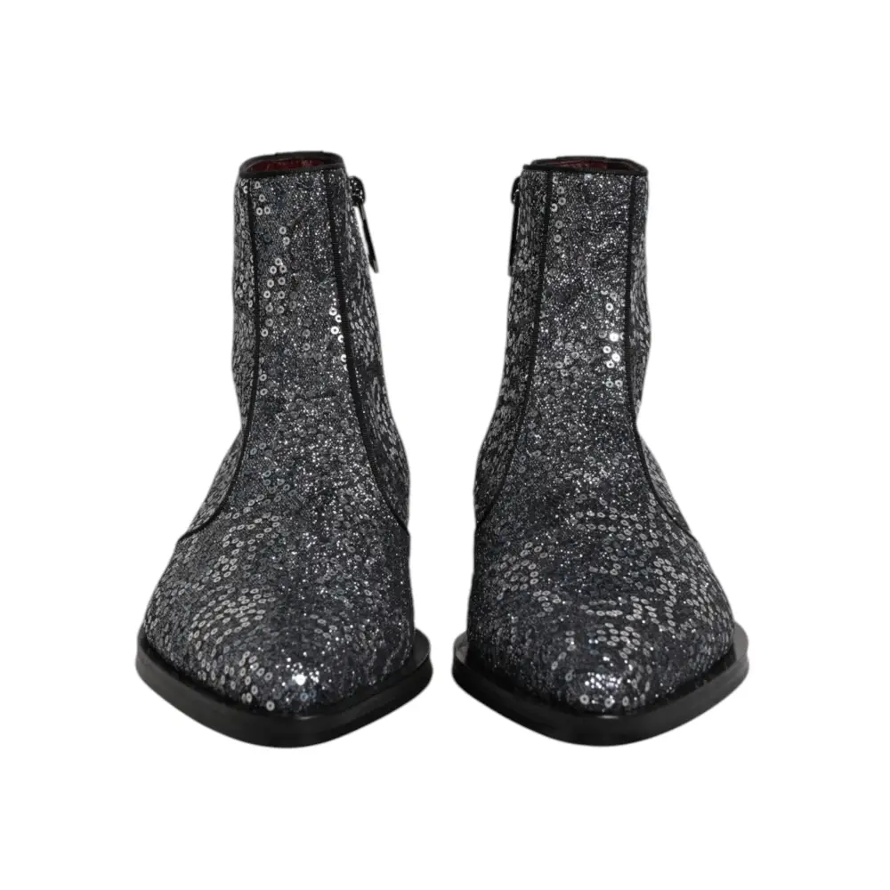 Dolce & Gabbana Dunkelgraue Baumwolle Pailletten Chelsea Boots Schuhe - EU41/US8
