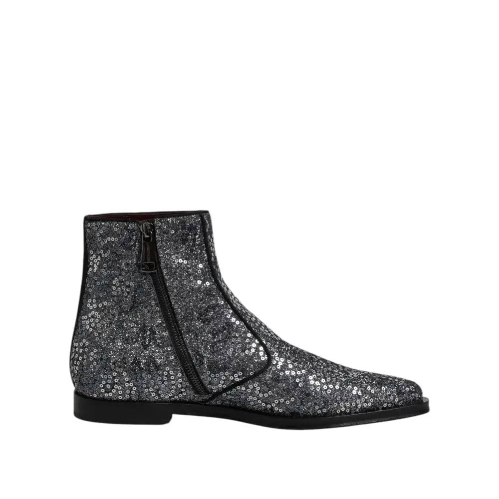 Dolce & Gabbana Dunkelgraue Baumwolle Pailletten Chelsea Boots Schuhe - EU41/US8