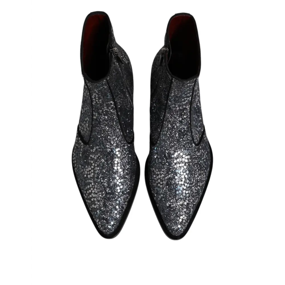 Dolce & Gabbana Dunkelgraue Baumwolle Pailletten Chelsea Boots Schuhe - EU41/US8