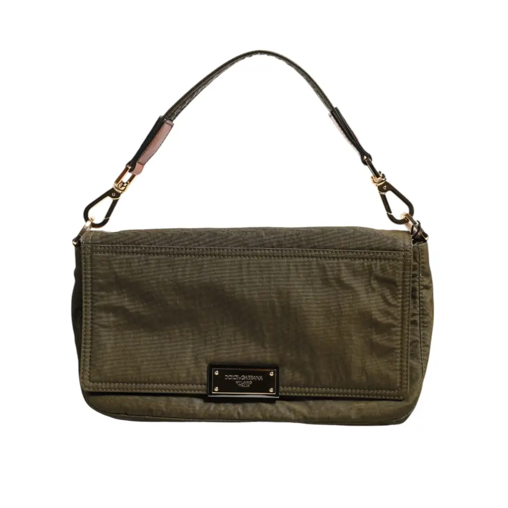 Dolce & Gabbana Dunkelgrünes Nylon Logo Plaque Schulterriemen Borse Tasche