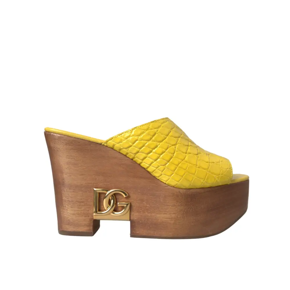 Dolce & Gabbana Gelbe Leder Holz Pantoffel Keil Rutschen Schuhe