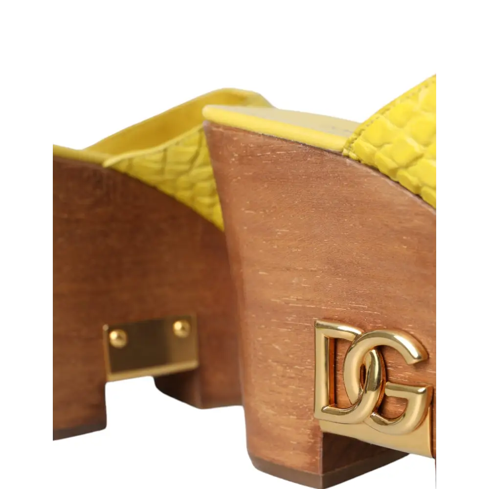 Dolce & Gabbana Gelbe Leder Holz Pantoffel Keil Rutschen Schuhe
