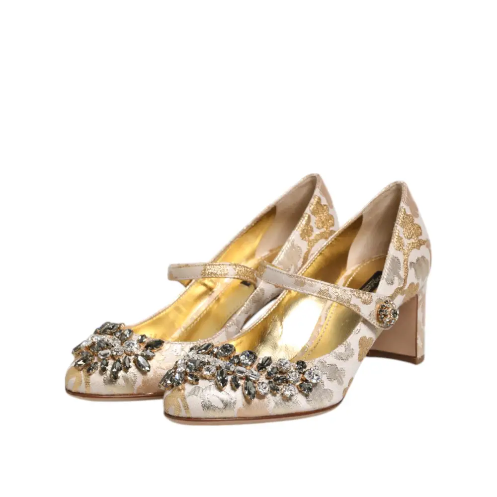 Dolce & Gabbana Gold Jacquard Kristall Mary Janes Pumps Schuhe - EU38/US7.5