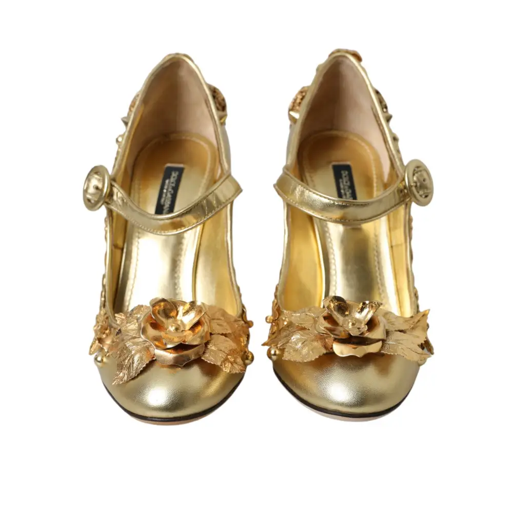 Dolce & Gabbana Gold Leder Kristall Mary Janes Pumps Schuhe - EU36/US5.5