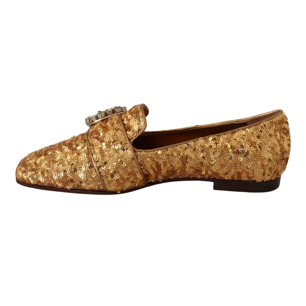 Dolce & Gabbana Gold Pailletten Kristall Flach Frauen Loafers Schuhe - EU37/US6.5