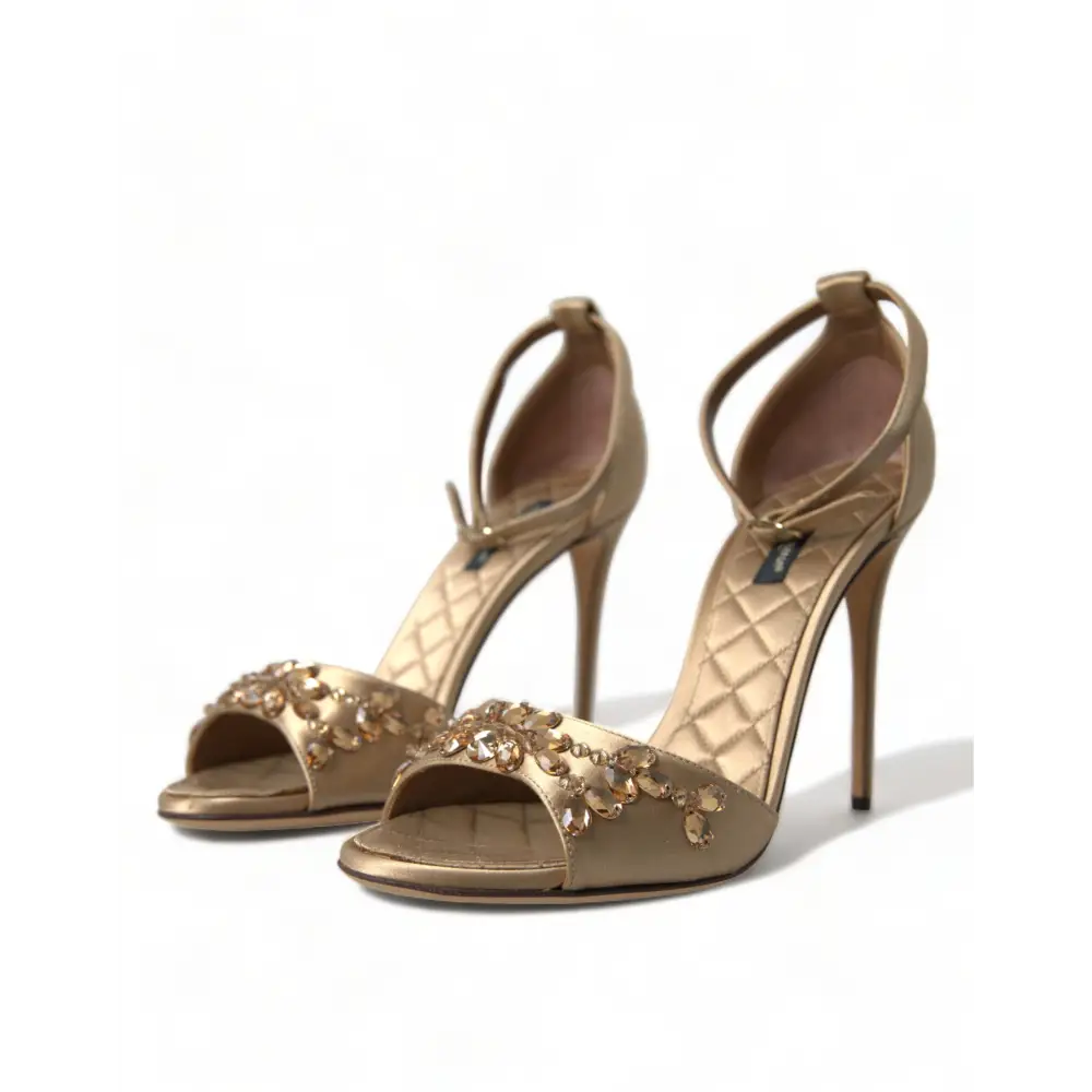 Dolce & Gabbana Gold Satin Knöchelriemen Kristall Sandalen Schuhe - EU37/US6.5