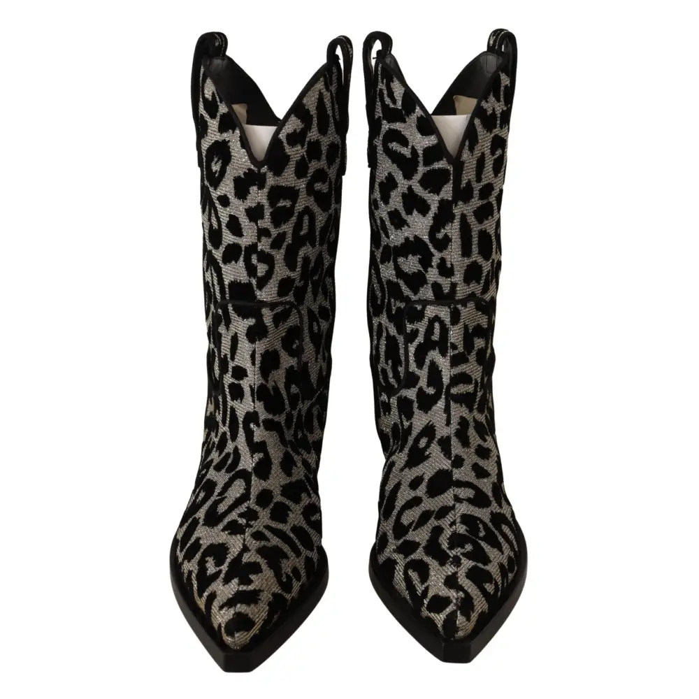 Dolce & Gabbana Grau Schwarz Leopard Cowboy Stiefel Schuhe - EU37/US6.5