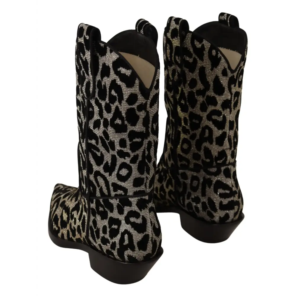 Dolce & Gabbana Grau Schwarz Leopard Cowboy Stiefel Schuhe - EU37/US6.5