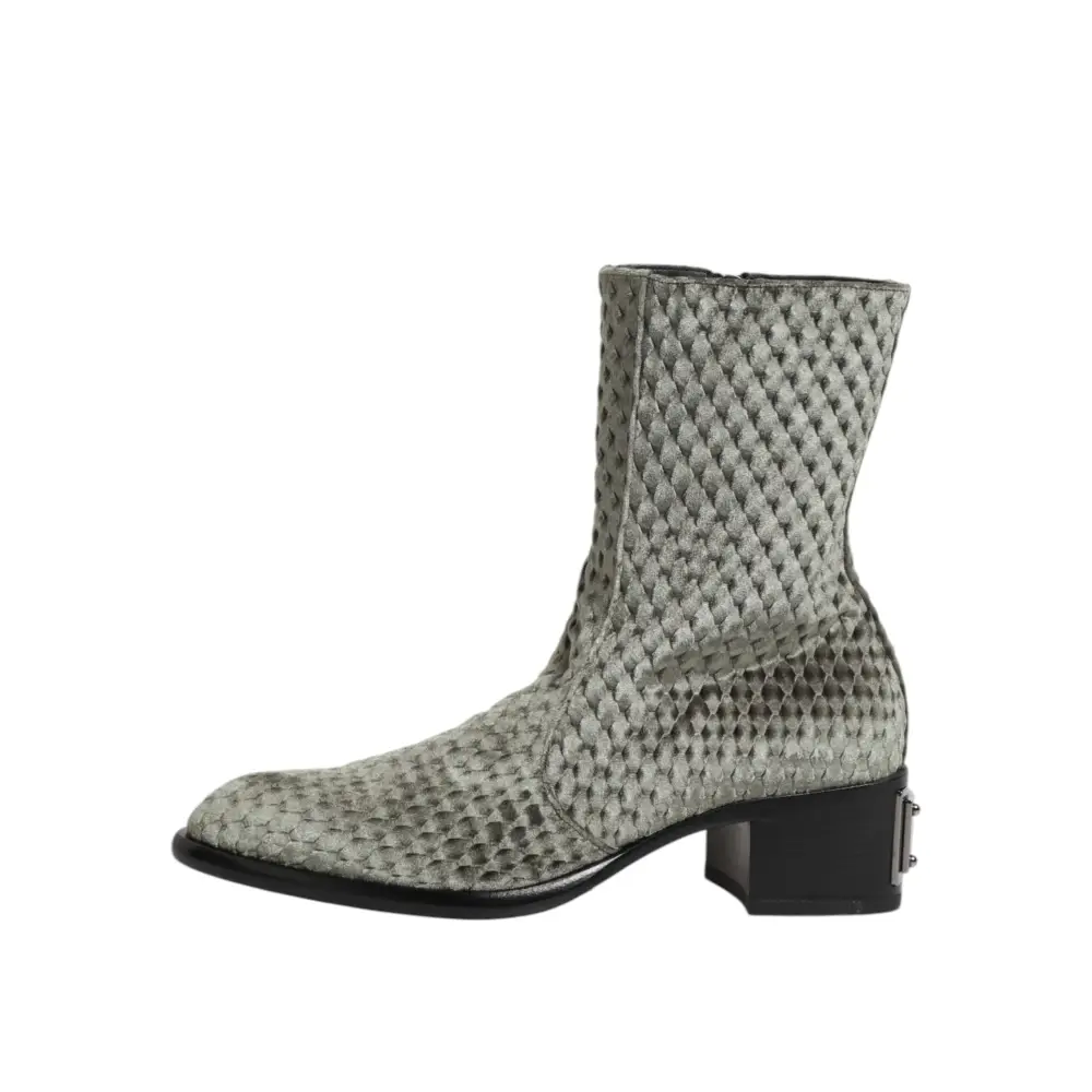 Dolce & Gabbana Graue Baumwolle Samt Mid Calf Kurze Stiefel Schuhe - EU44/US11