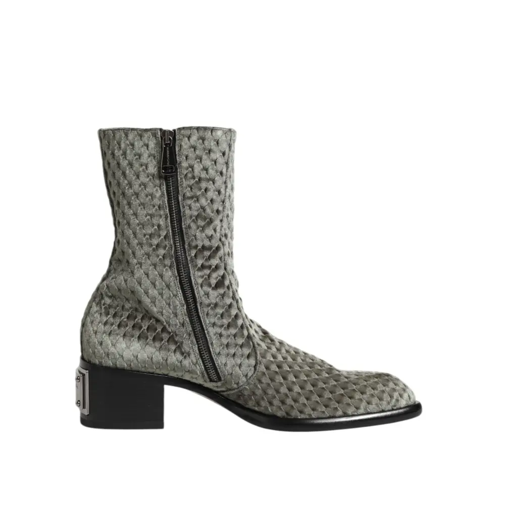 Dolce & Gabbana Graue Baumwolle Samt Mid Calf Kurze Stiefel Schuhe - EU44/US11