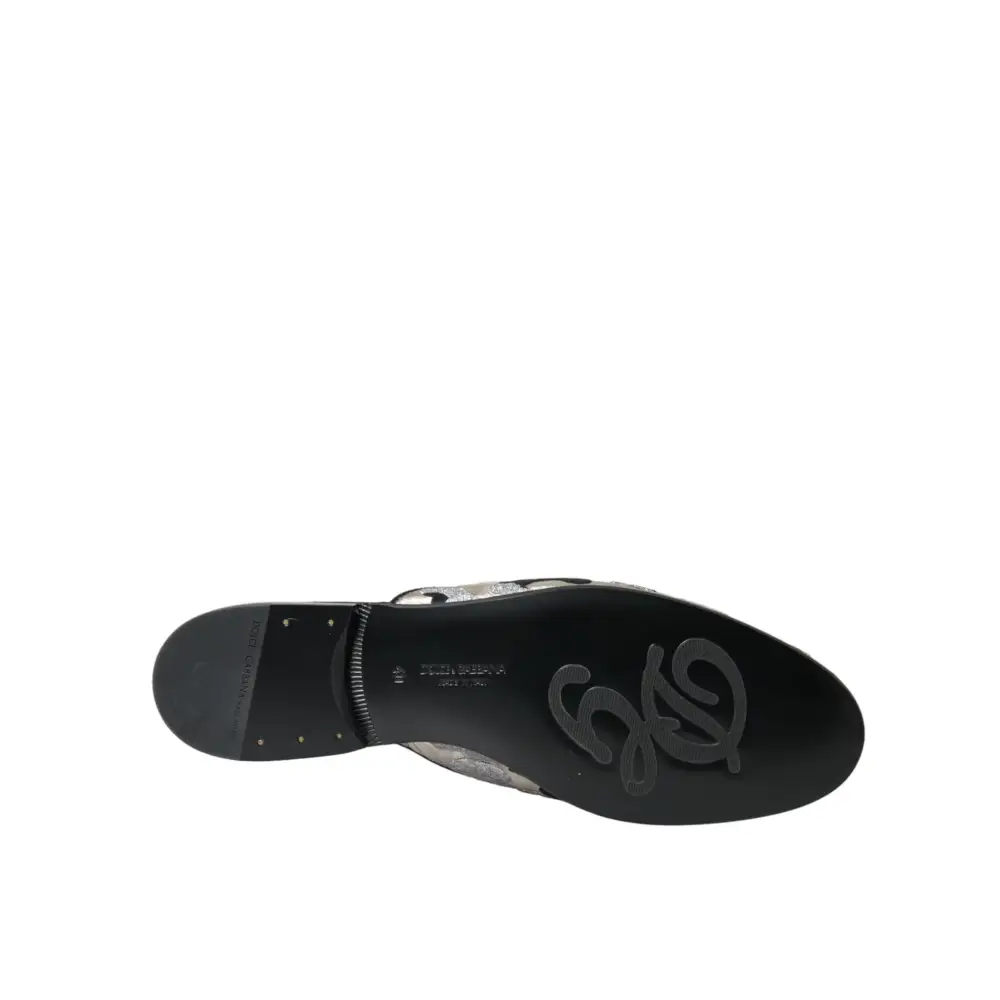 Dolce & Gabbana Graue Jacquard Kristall Pantolette Flache Sandalen Schuhe - EU40/US9.5