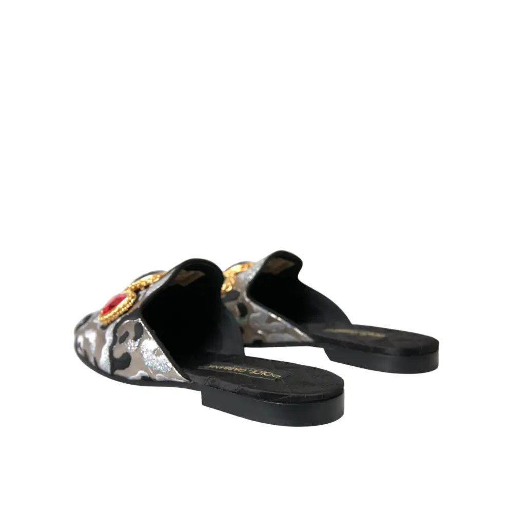 Dolce & Gabbana Graue Jacquard Kristall Pantolette Flache Sandalen Schuhe - EU40/US9.5