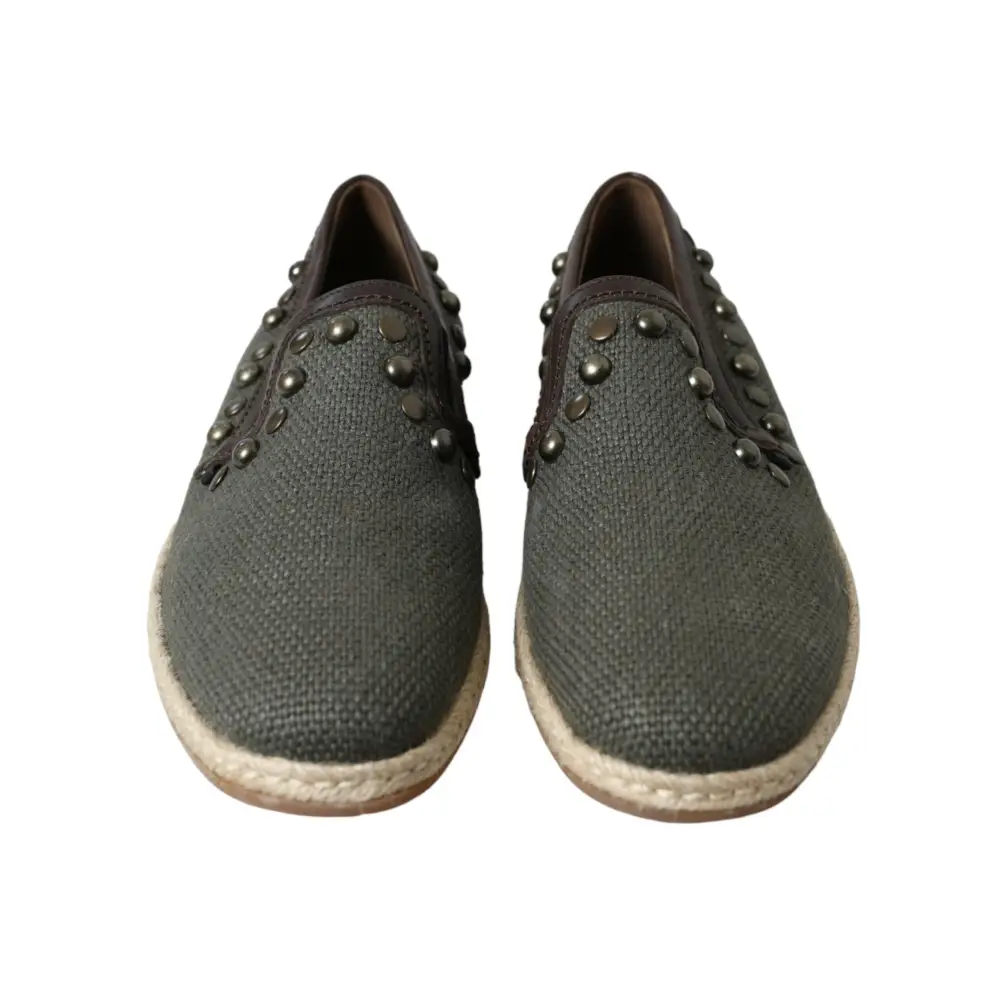 Dolce & Gabbana Graue Leinen Leder Nieten Loafers Schuhe - EU40/US7