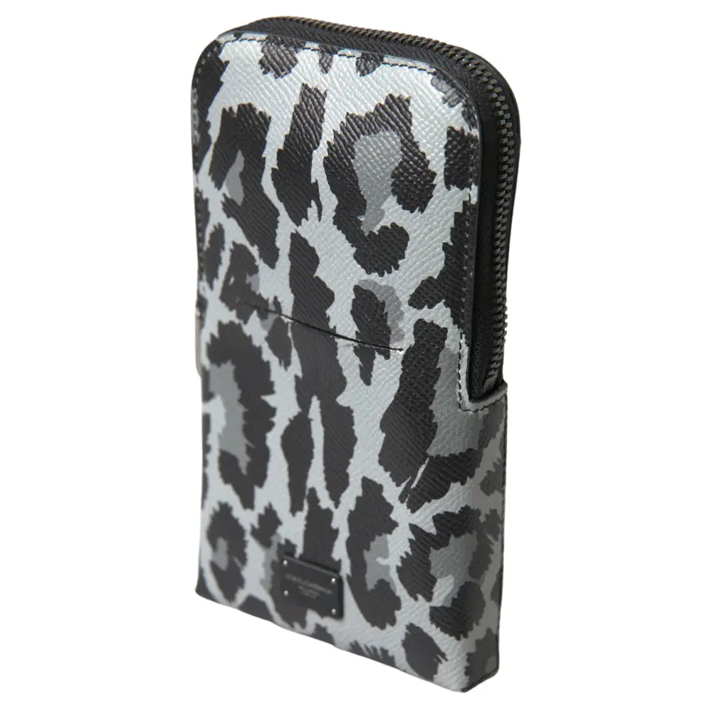 Dolce & Gabbana Grauer Leopard Leder Männer Geldbörse Crossbody Sling Telefon Tasche