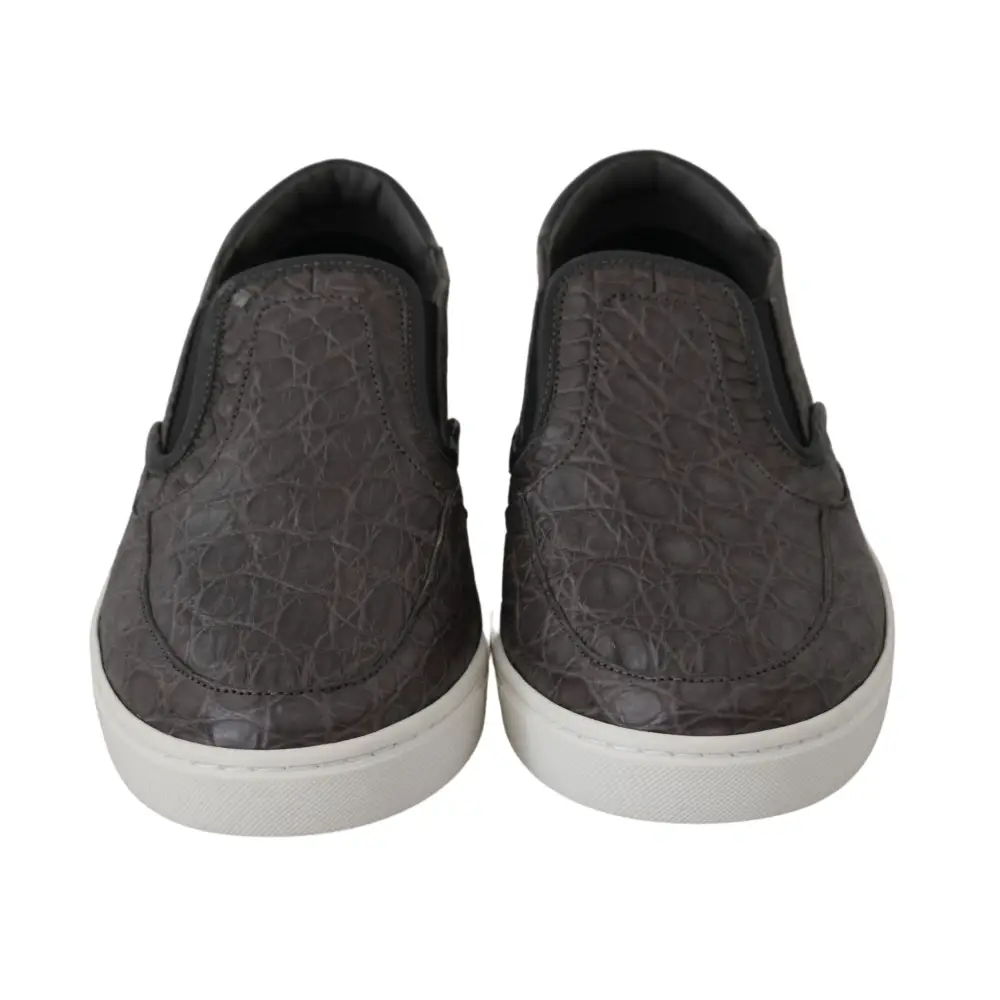 Dolce & Gabbana Graues Leder Flache Kaiman Herren Loafers Schuhe