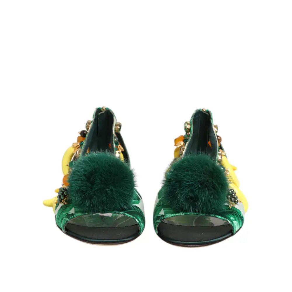 Dolce & Gabbana Grün Nerz Pelz Satin Bananenblatt Sandalen Schuhe