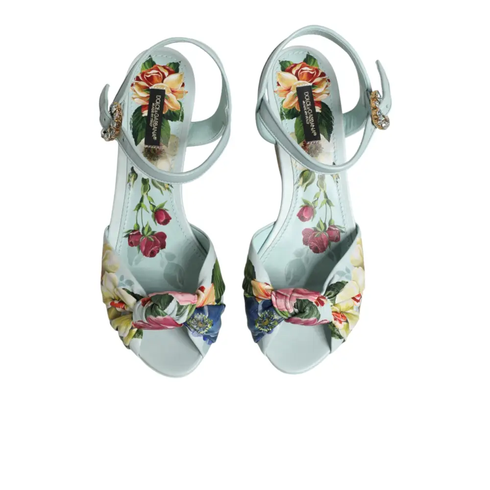 Dolce & Gabbana Grüne Blumen-Sandalen mit Knöchelriemen und Keilabsatz