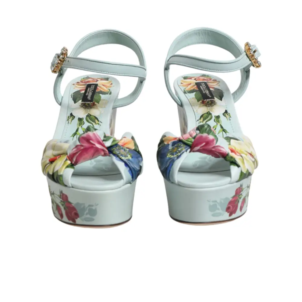 Dolce & Gabbana Grüne Blumen-Sandalen mit Knöchelriemen und Keilabsatz