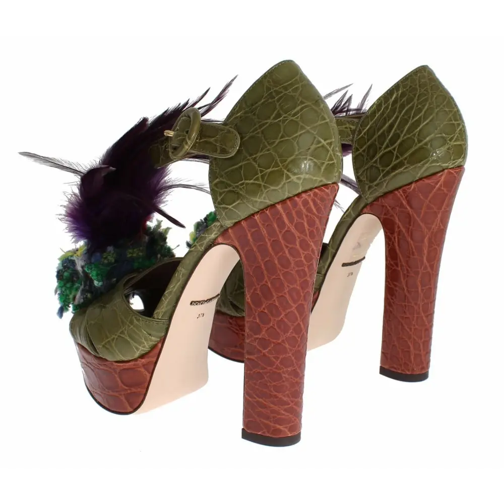 Dolce & Gabbana Grüne Leder Kristall Plateau Sandale Schuhe