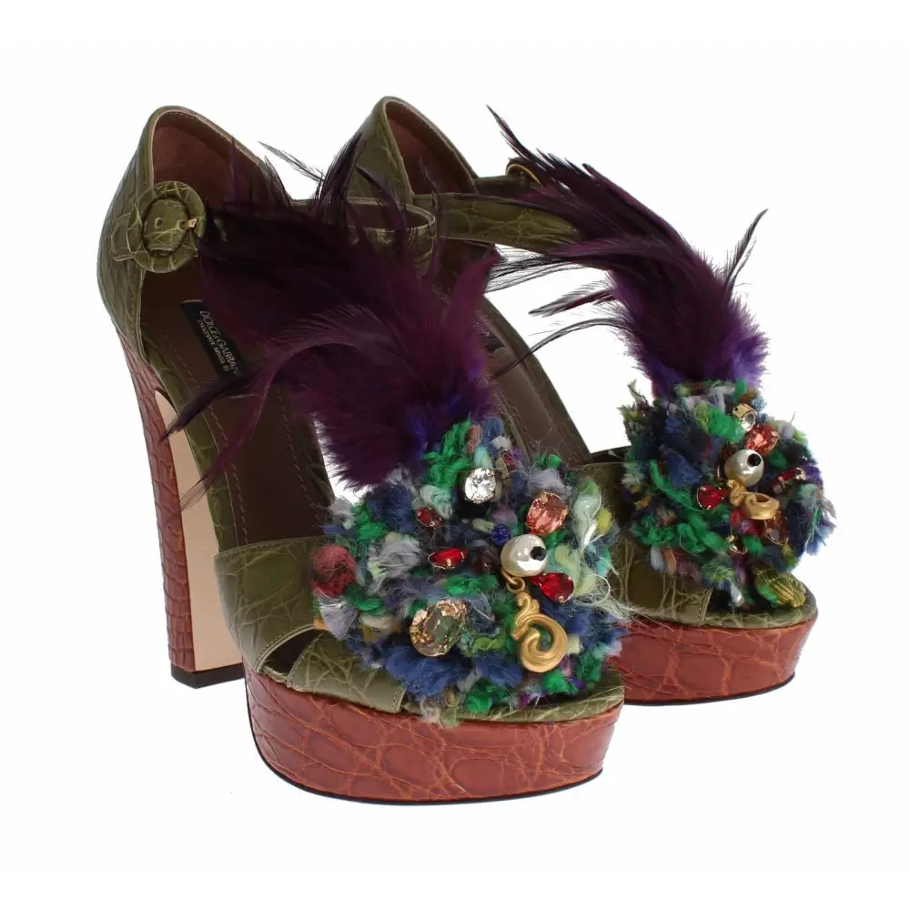 Dolce & Gabbana Grüne Leder Kristall Plateau Sandale Schuhe